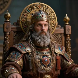 ancient slavic tribal wargod close-up portrait sitting on intricate wooden throne, halo, intricate artwork by Darius Zawadzki, James jean, Noah Bradley, very coherent artwork, cinematic, hyper realism, high detail, octane render, unreal engine, 8k, Vibrant colors, High contrast, depth of field, aperture f1.2