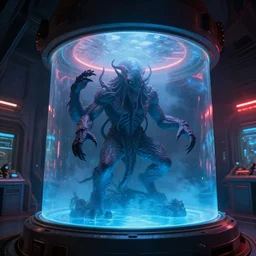 off angle view of cthulhu lovecraft alien monster trapped inside a large round transparent science fiction glass containment chamber filled with blue liquid in a furnished science fiction spaceship laboratory, dramatic lighting, octane, red led lights, lens flare, trending on artstation, mist, star trek, volumetric lighting