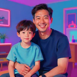 portrait of smiling father and son at home with neon background, vaporwave, digital painting 4 k
