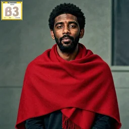 kyrie irving in a red shawl looking at the camera, a colorized photo by steve mccurry, featured on cg society, hyperrealism, associated press photo, provia, wide lens