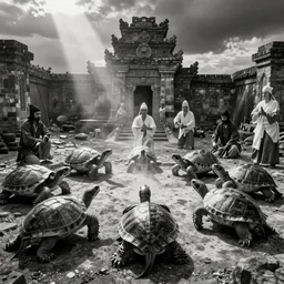a black and white photo of an ancient cult conjuring turtles