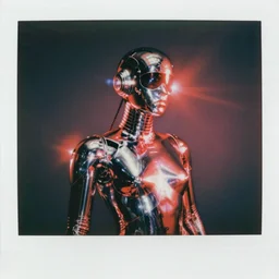 analog vintage photography portrait polaroid of a futuristic chrome cyberman, red color bleed, heavy film grain, bloom, glow