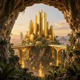 movie poster of a futuristic film with caves sculpted in the mountain with a jungle cityscape golden buildings bridges overgrown vegetation at algarve caves of benagil, golden buildings by santiago calatrava and zaha hadid, golden hour, bridges by frank gehry, solarpunk, golden ratio, glowing reflections, evening at dusk, evening lighting, autochrome, cg society, octane render sidefx isotropix autodesk nvidia omniverse materialx osl redshift arnold materials unreal engine, 8 k, hyper detailed