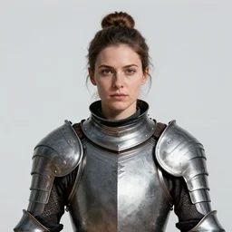 perfectly centered close up portrait of a female knight in full body armor, candid photography, by anne stokes, updo, highly detailed, unreal engine 5