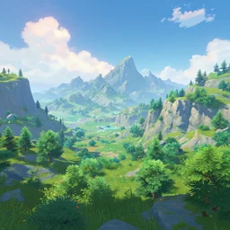 a brightly lit landscape, mountains and trees, majestic skies, genshin impact, trending on artstation, featured on behance, well - rendered, extra crisp features, intricate detail, epic composition, in the style of unreal engine