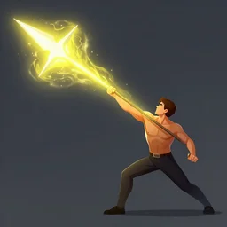 a man hurls a purifying lance radiating bright yellow energy, digital art