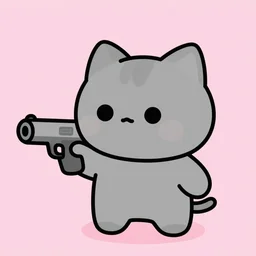 cute grey cat holding gun, comic style, video game, pink background, no letters