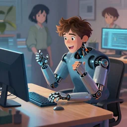 excited young programmer, robot details on table, digital art, behance hd by jesper ejsing, by rhads, makoto shinkai and lois van baarle, ilya kuvshinov, global illumination.
