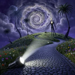 flash light, curled perspective digital art of spiral clouds cobblestone street with wildflowers top of a hill with spiral palmtrees from nightmare before christmas. horton hears a who!