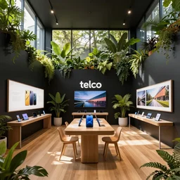 A flagship Telco store with an internal lush garden. black walls. timber floor. high ceilings with spots. the warm sun shines through large windows illuminating an internal forest. beautiful modern wood furniture with phones and tablets, large digital screens with videos on the walls, Architectural photography. 14mm. High Res 8K. award winning architectural design, Minimalist, High-tech environment, warm and happy, clean shapes, inviting, environment friendly, so many plants, overgrown