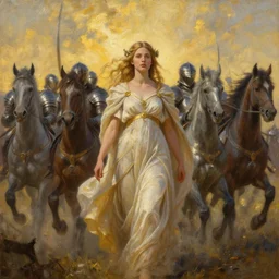 the goddesses fraya going to war with her army of valkyries, golden hour, 8 k uhd, oil painting, high detail.