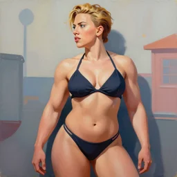 greg manchess portrait painting of posing scarlett johansson as thick muscular bodybuilder zarya from overwatch in bikini showing abs, medium shot, robust body, asymmetrical, profile picture, organic painting, sunny day, matte painting, bold shapes, hard edges, street art, trending on artstation, by huang guangjian and gil elvgren and sachin teng