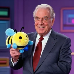 Mel Brooks as President Skroob from Space Balls, holding a stuffed bee toy, vaporwave aesthetic