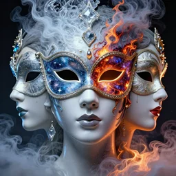 3 d goddess face portrait, face in the center. glowing eyes. beautiful glossy intricate highly detailed venetian mask. ice, galaxy, lava, milk, flame, smoke, artwork by tooth wu and wlop and beeple and greg rutkowski, 8 k trending on artstation, volumetric lighting