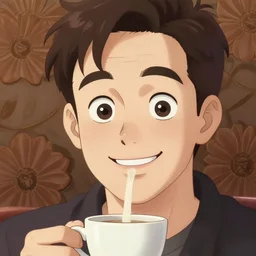 a white young man swirling in a coffee cup, big smile, prominent big eyes, wise forehead, big lips, round portruding chin, background full of brown flowers, youthful colours, thin sharp lines, digital painting, artstation, matte, sharp focus, illustration, realistic anime artstyle