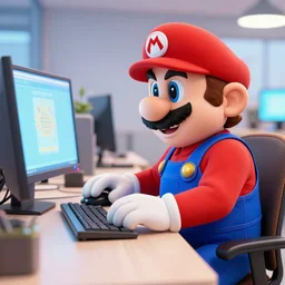 super mario as a real person working on his computer in the office, highly detailed, award winning photography