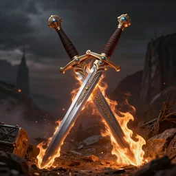 steampunk detailed sword embraced by fire