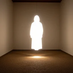 a bright silhouette hovers above the ground inside of a hall. liminal, cozy, set design by alessandra querzola ( 1 9 8 8 )