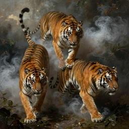 twisting tigers in the smoke in the style of wayne barlowe, gustav moreau, goward, bussiere, roberto ferri, santiago caruso, luis ricardo falero, austin osman spare