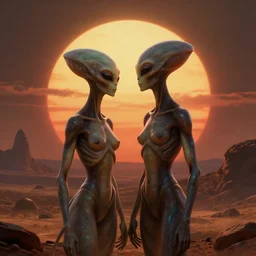 lesbian aliens from mars sun setting, cinematic lighting, digital painting, octane render