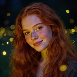 portrait of a red haired girl softly smiling among fireflies, with long hair, green eyes, round face, hint of freckles, her head is tilted and she loves the wonderful lights colorful hyper realistic art