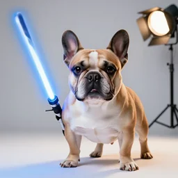 photo still of french bulldog with a lightsaber, 8 k, studio lighting bright ambient lighting key light, 8 5 mm f 1. 8