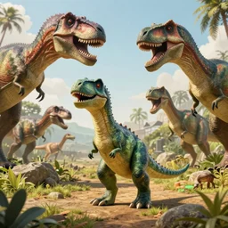 barney the dinosaur in a prehistoric landscape, surrounded by larger predatory dinosaurs, tyrannosaurus, danger, fantasy art, greg rutkowski, concept art, highly detailed, artstation, artgerm, behance, cgsociety, natural history