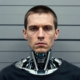 grainy photo of an ugly man, wearing bionic implants, cyborg criminal, mugshot background