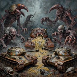 painting of varied filthy rugated m 1 a 2 sep tanks armored claws on mollusks panzers mucosal clustered yaw putrescent chrome noodles rusting battles in high resolution, hyper detailed, cinematic, chaotic primordial horrors by vincente b ballestar 1 9 7 2 and 1 9 7 3, horror by francesco blanc, terror by enric torres