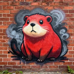 graffiti tag of a friendshaped furry fandom stoat, red and black, smoke cloud backing on a brick wall