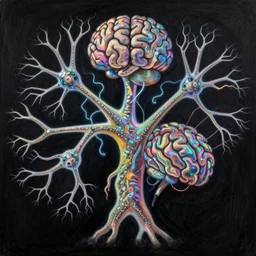 electric brain neurons tree of life, painted by peter lloyd and frank wu, trending on artstation, rembrandt lighting front view iridescent colors, chalk art, macro, magic realism, manierism
