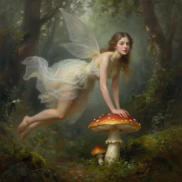 epic oil painting of a beautiful fairy with a beautiful face and flawless skin and perfect body wearing a gauze dress, landing on a mushroom in the forest, moss, fog