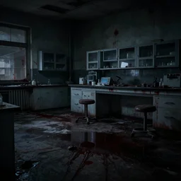 dark, abandoned laboratory, puddles of blood on the floor, blood stains on the walls, low brightness, cinematic lighting
