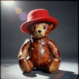 vintage analog product photography of a polished leather teddybear, 70s design, bright red hat, studio lighting, film grain, lensflare, color bleed, glare
