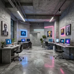 Interior shot of a futuristic brutalist studio apartment with computers made out of concrete and with glossy concrete floor and neon lights by Petros Afshar and Beeple, James Gilleard, Mark Ryden, Wolfgang Lettl highly detailed