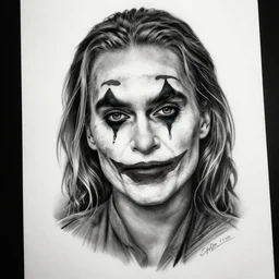 tattoo design sketch of beautiful margot robbie portrait with joker makeup, in the style of den yakovlev, realistic face, black and white, realism tattoo, hyper realistic, highly detailed, award winning drawing