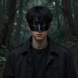 hyper-detailed digital painting of a masked man in a dark forest, by kim jung gi