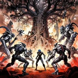 sci - fi anime exoskeleton creatures, fighting the ancient tree god, wireframe, cinematic, high fantasy, maximalist, splatter paint, epic