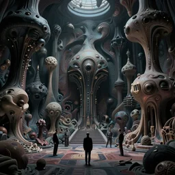 Sci-fi environment set in a nightmarish universe of odd forms and somber tapestry, HR Giger, Wadim Kashin, in Zdzisław Beksiński color scheme, featured in artstation, octane render, cinematic, elegant, intricate, 8k
