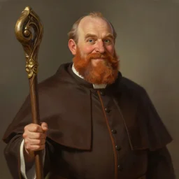 A handsome painting of middle aged cleric with a receding hairline and a ginger beard holding a staff, wide stature, kind eyes, character art, concept art, character design, happy, cinematic, hyper detailed, matte painting, portrait, attractive face, Bayard Wu, Greg Rutkowski, Cedric Peyravernay, Anato Finnstark, artstation, 8k