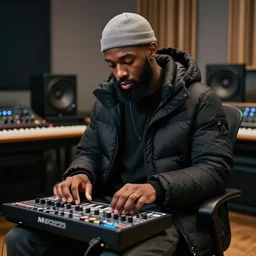 a young black urban male with a full beard, wearing a gray du rag and a black winter puffer down coat, playing an mpc while sitting in a chair in a music studio, epic composition, cinematic lighting, by endar studio and liquidcoco 李 奎 德, award - winning, masterpiece,