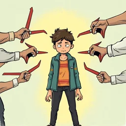 bullying, the victim is in the center, around the bullers with boomerangs. poster, illustration