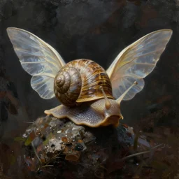 snail with wings, oil painting, artstation, dramatic lighting, symmetry, beautiful