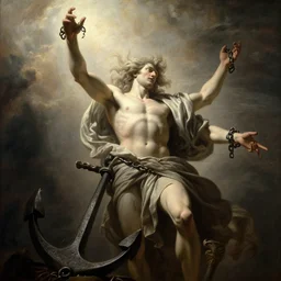 briareus, windy, chains broken on hands, dramatic, broken anchor, stoic, modern, is ( ( with arms half lifted toward us shining light ) ). light dust, magnificent, hyperdetailed, theatrical, masterpiece, from below, 9 0 mm lens, painted by jean honore fragonard and greg rutkowski