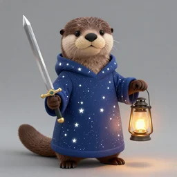 anthropomorphic otter wearing a constellation robe holding a sword and lantern