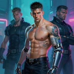cyberpunk style, attractive muscular male with tattoo, robotic arm, neon lights, cool tint, painting by gaston bussiere, craig mullins, j. c. leyendecker, tom of finland
