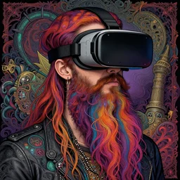 detailed hipster skinny man with vr headset, long vibrant beard, dmt, by james gurney + intricate and vibrant work + portrait + trending on artstation + incredible gothic illustration + exquisite detail