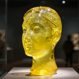 “highly detailed bright yellow glass sculpture of a woman’s face, backlit, museum”