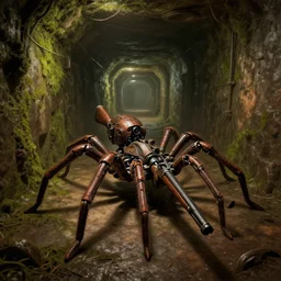 mechanical robot spider in a large dimly lit sewer dungeon wielding a shotgun, mossy walls, long corridor, wide angle shot, ultra detailed, fine drawing, grunge, eldritch horror, hyper real, 4 k, moody lighting, warm colors, shaded, by wlop