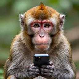 photorealistic color portrait of a detailed monkey using smartphone